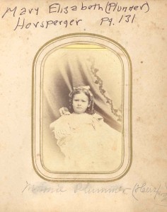 Mary Elizabeth (Plummer) Hersperger, of Frederick County, Maryland. DE:100. She was the mother of the late Baltimore physician, Dr W. Grafton Hersperger. This family is written up in Mrs. DuLaney’s Anderson genealogy at page 131. They t race back to Richard (“Bud”) and Sophia Hall (Woodward) Anderson, of White’s Hall near today’s Crofton, Maryland. 